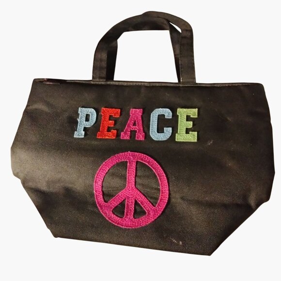 Leenie Other - Leenie Peace Embroidered Black Lunch Bag  Pink Zipper Closure